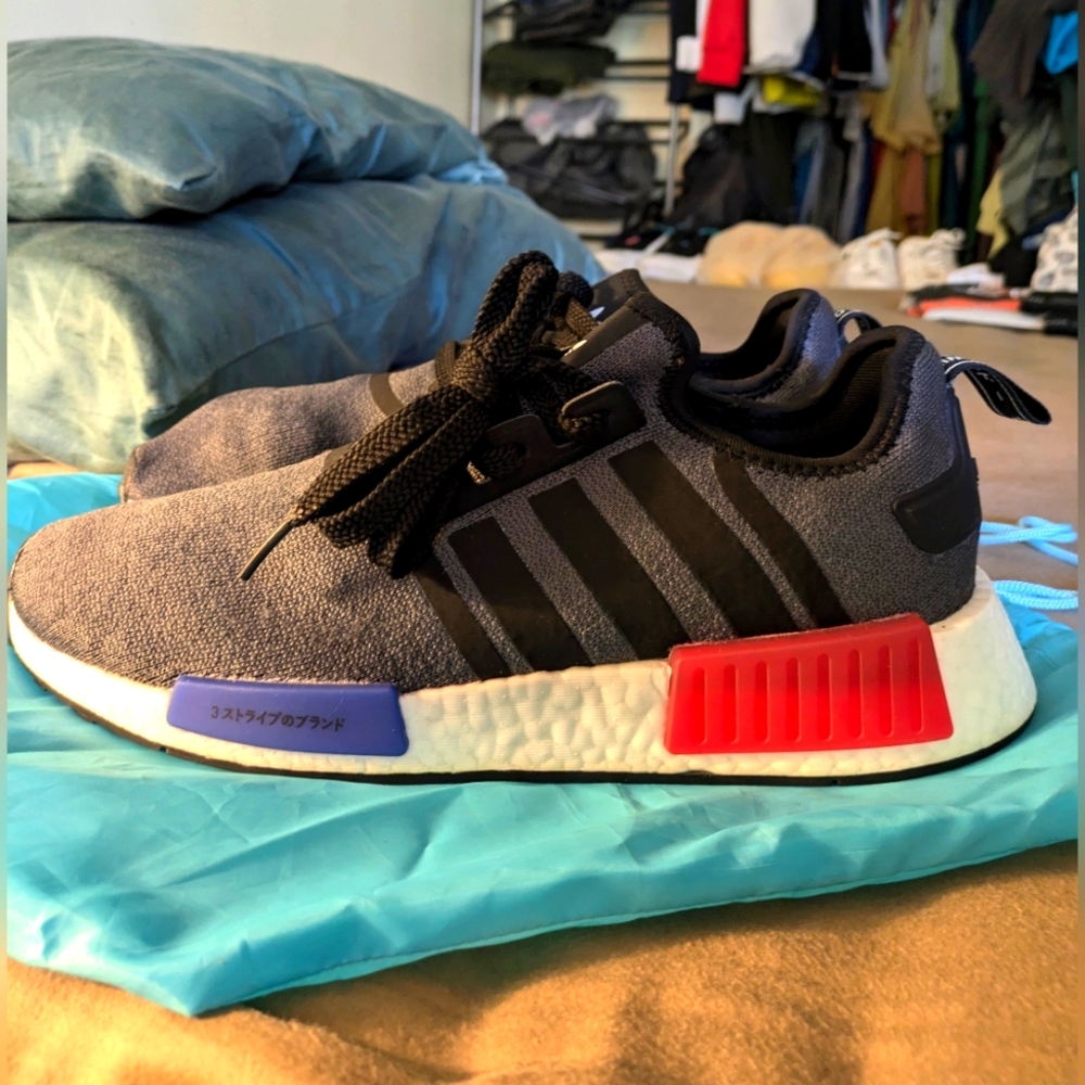 adidas NMD R1 Athletic Shoes in Gray with Black Stripes and Red/Blue Accents